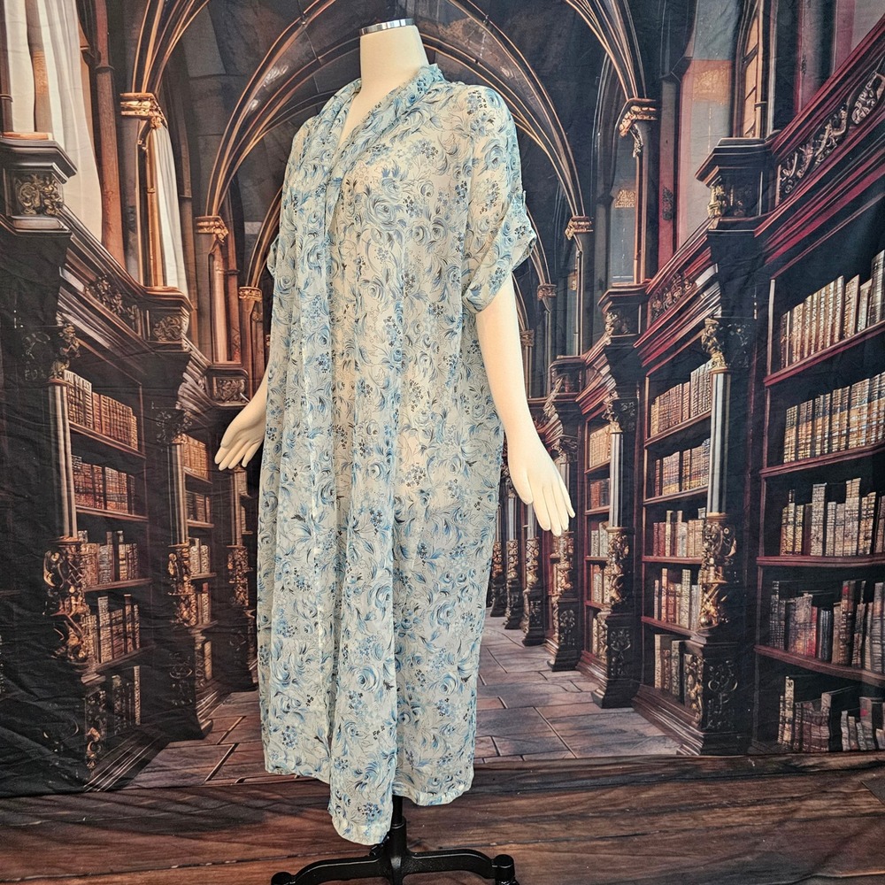 Vintage 1950s Blue Floral House Coat Shawl Collar Cuffed Short Sleeve Robe